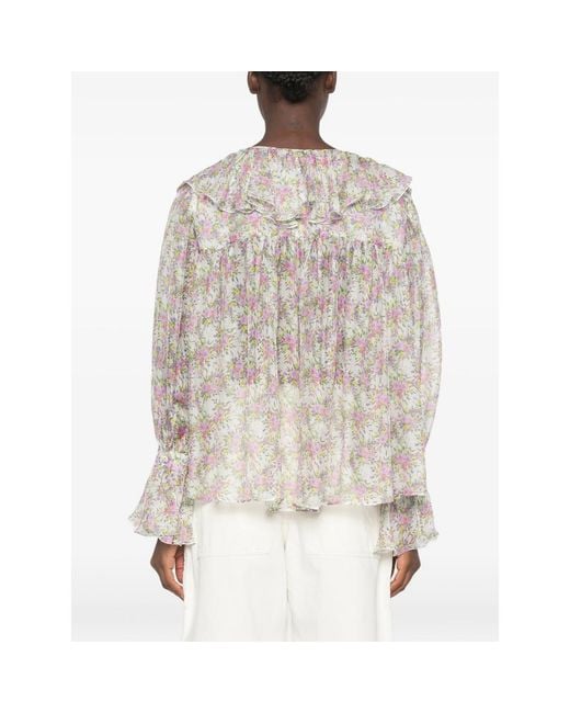 Raquel Diniz Gray Floral-Print Ruffled Blouse
