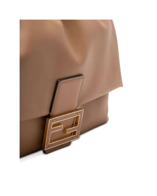 Fendi Brown Large Mamma Baguette Logo-Plaque Gathered Shoulder Bag