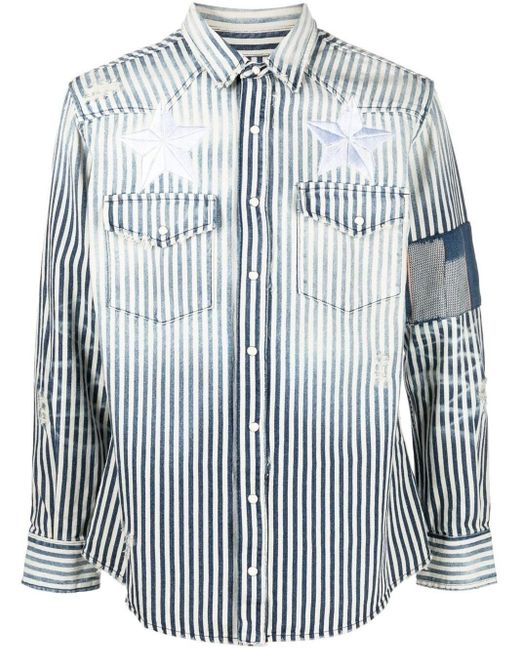 United Rivers Blue Distressed Striped Denim Shirt for men