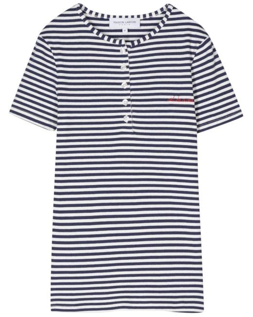 Maison Labiche Blue Slogan-Embroidered Striped T-Shirt
