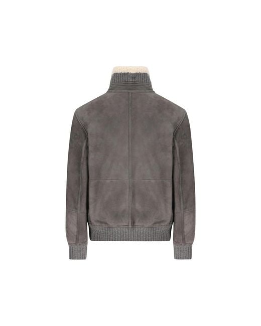 Brunello Cucinelli Gray Shearling-Trim Ribbed Jacket for men