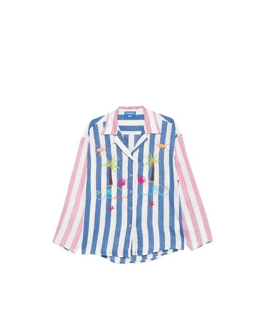 SUSANNA BLU Blue Striped Embroidered Shirt