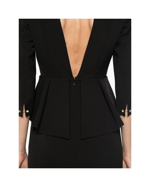 Elisabetta Franchi Black Peplum-Waist Shawl-Lapel Dress