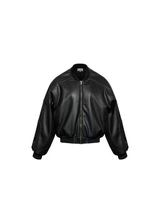 MM6 by Maison Margiela Black Faux Leather Jacket With Rib-Knit Trim