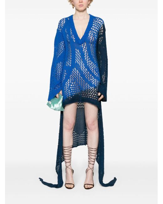 The Attico Blue Crochet-Knit High-Low Dress