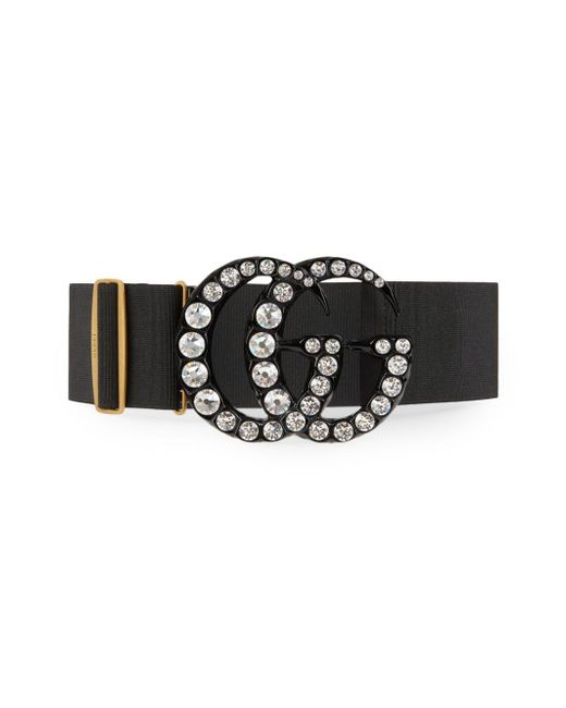 Gucci Black Elastic Belt With Crystal Double G Buckle