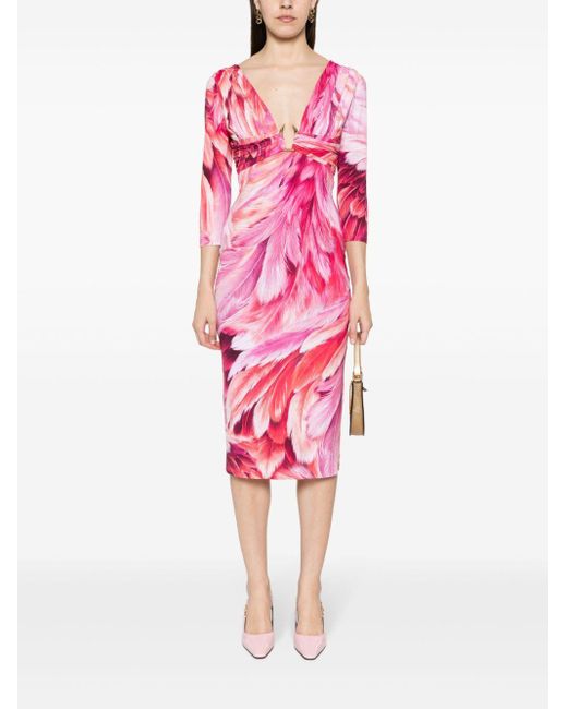 Roberto Cavalli Pink Plumage-Print Midi Dress