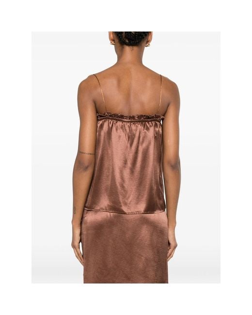 THE NINA STUDIO Brown Ruffled-Trim Spaghetti-Strap Top