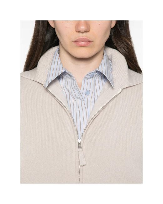 Allude White Zip-Up Ribbed-Trim Cardigan