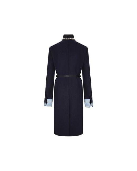 Prada Blue Long Wool Coat With Belt And Jewel Collar