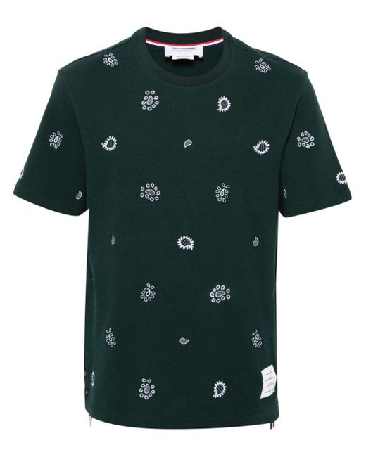 Thom Browne Green Logo-Embroidery Cotton T-Shirt for men
