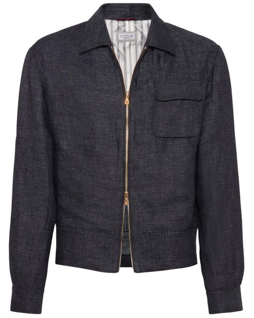Brunello Cucinelli Black Slub-Texture Linen Shirt Jacket for men