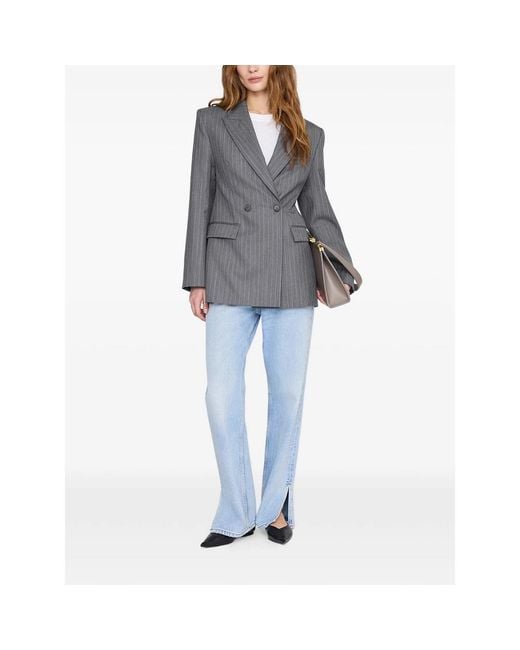 Anine Bing Gray Pinstripe-Pattern Double-Breasted Blazer