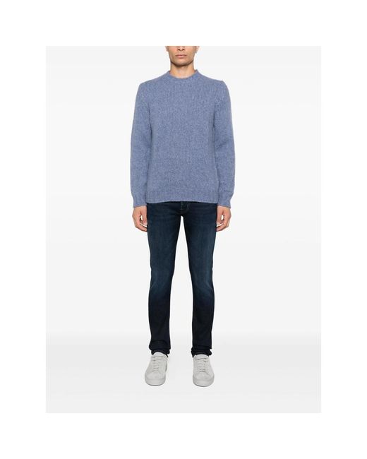 Fedeli Blue Ribbed Crew-Neck Sweater for men