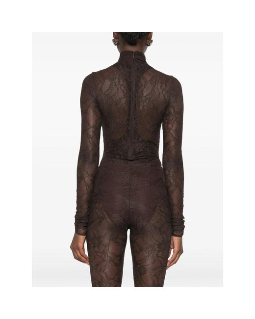 ANDAMANE Brown Ziggy Lace-Pattern High-Neck Bodysuit