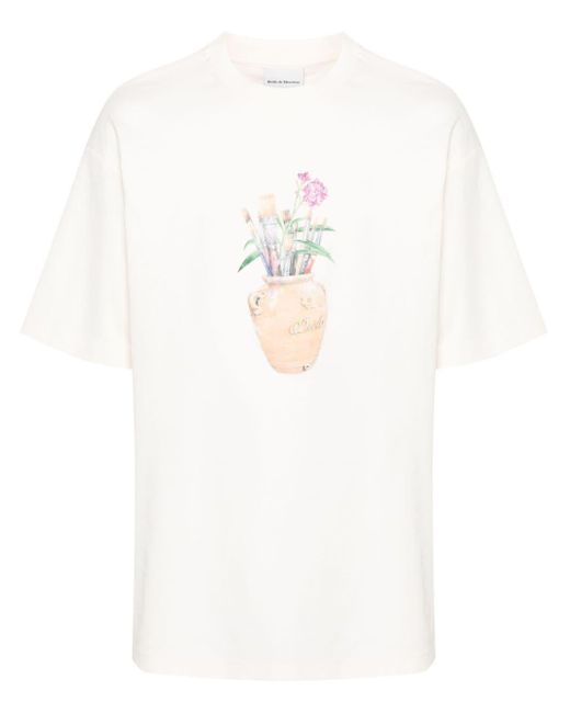 Drole de Monsieur White Brushes-Print Cotton T-Shirt for men