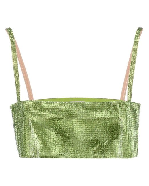 Nue Green Rhinestone-Embellished Silk Crop Top