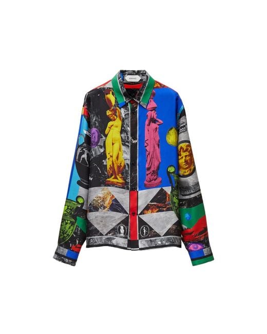 Versace Blue Printed Silk Twill Regular Shirt for men