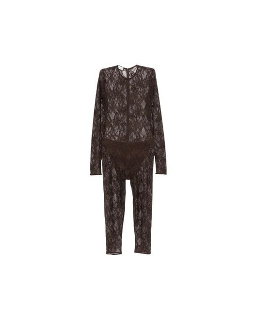 ANDAMANE Brown Sheila Lace-Pattern Long-Sleeve Jumpsuit