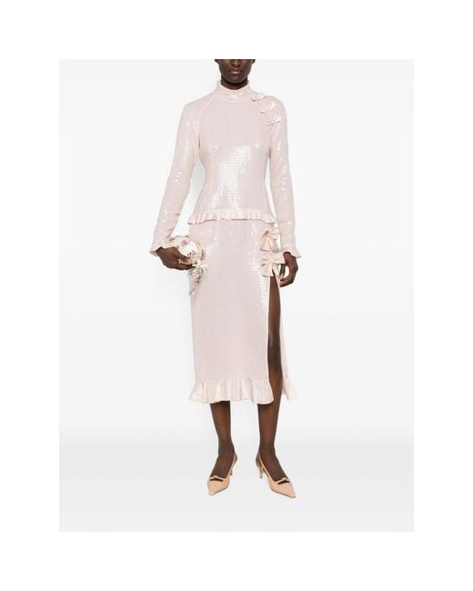 Alessandra Rich Pink Sequin-Embellished Bow-Detail Midi Dress