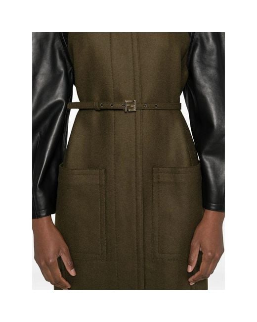 Fendi Green Leather-Sleeves Wool Coat