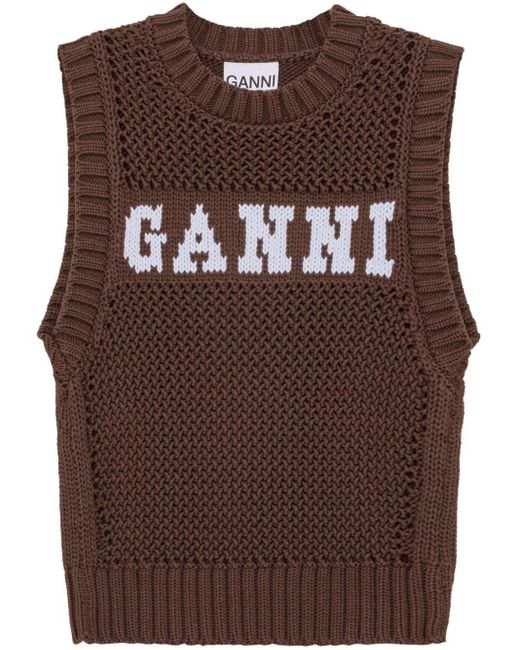 Ganni Brown Intarsia-Knit Logo Organic-Cotton Blend Vest