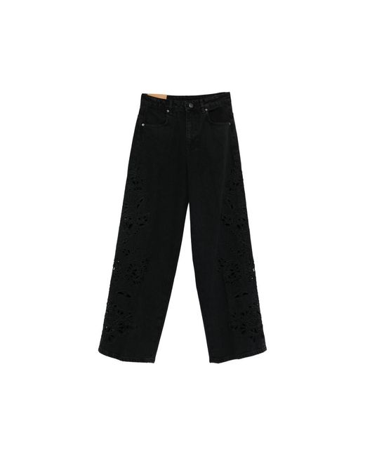 Farm Rio Black Floral-Appliqué Five-Pockets Jeans