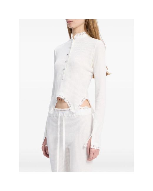 Ann Demeulemeester White Lace-Trim Ribbed Top