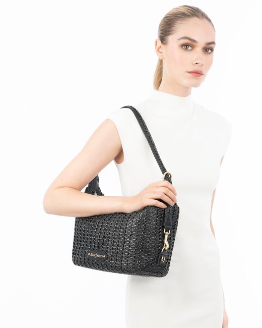 Eric Javits Black Woven Raffia Hobo Bag With Leather Trim