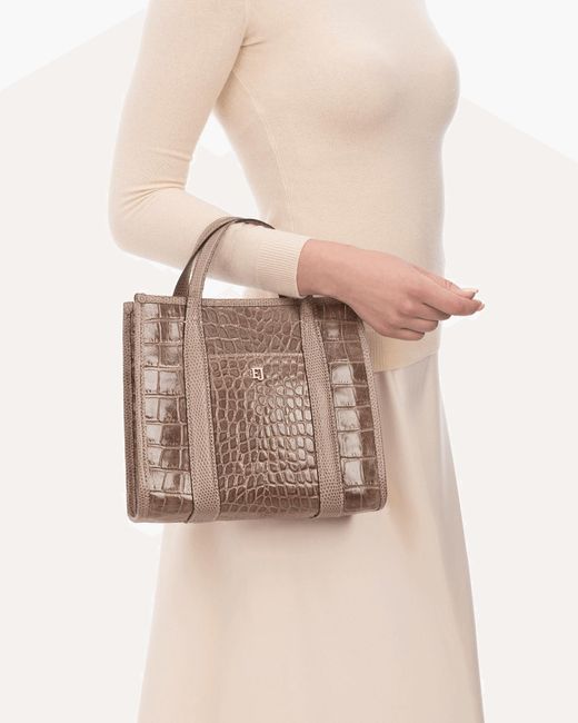 Eric Javits Brown Embossed Calf Leather Top Handle Handbag With Magnetic Closure For
