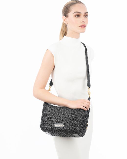 Eric Javits Black Woven Raffia Hobo Bag With Leather Trim