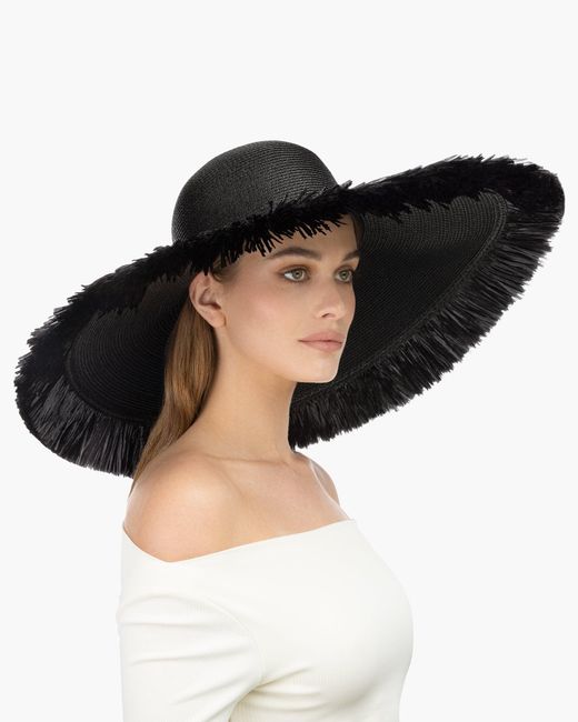 Eric Javits Black Floppy With Fringe Sun Hat For