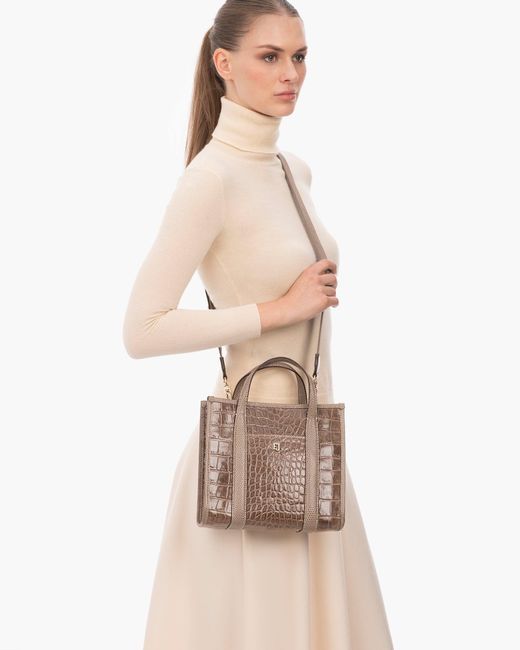 Eric Javits Brown Embossed Calf Leather Top Handle Handbag With Magnetic Closure For