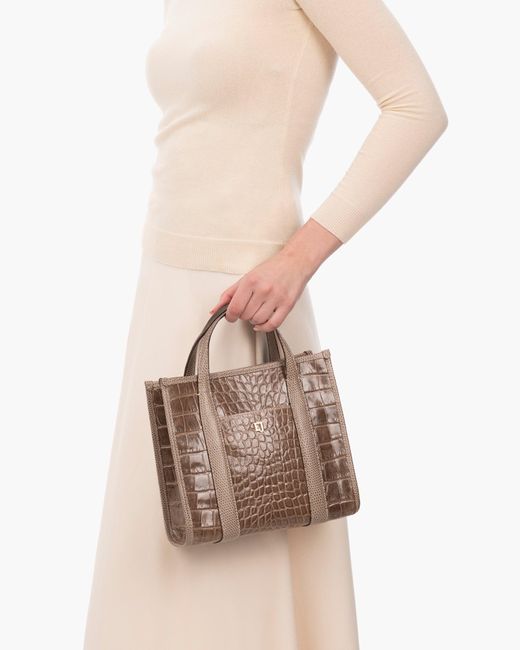 Eric Javits Brown Embossed Calf Leather Top Handle Handbag With Magnetic Closure For