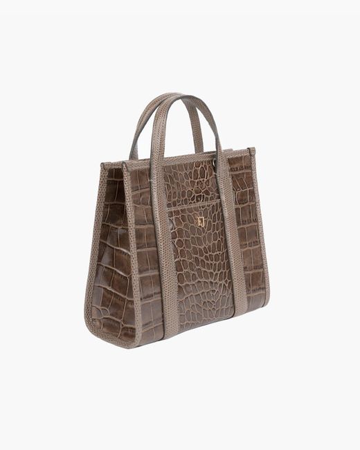 Eric Javits Brown Embossed Calf Leather Top Handle Handbag With Magnetic Closure For