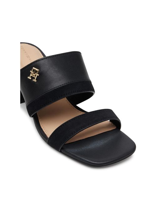 Tommy Hilfiger Black Pantoletten Leather & Suede Block Heel Mule Fw0Fw08530