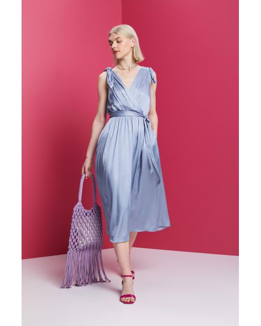Esprit Satijnen Midi-jurk Met Strikkoord Bij De Schouders in het Blue