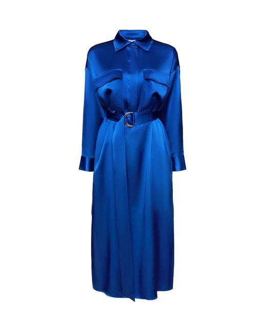 Esprit Zijde-satijnen Midi-jurk Met Ceintuur in het Blue