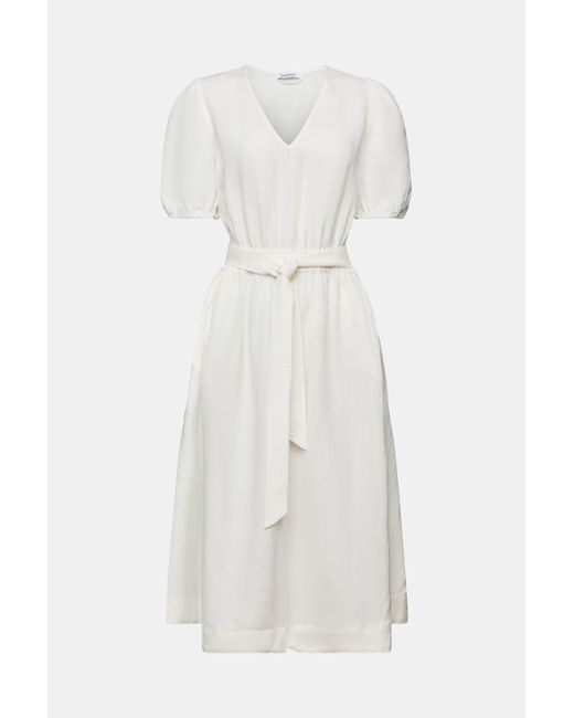 Esprit Midi-jurk Met Pofmouwen En Ceintuur in het White