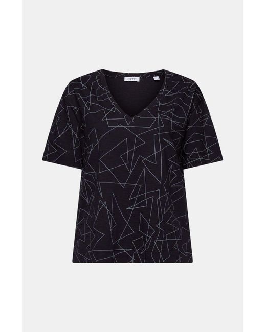 Esprit Black Baumwoll-T-Shirt mit V-Ausschnitt und Print (1-tlg)