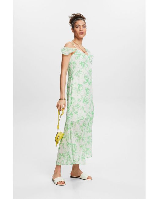 Esprit Off-the-shoulder Chiffon Maxi-jurk Met Print in het Green