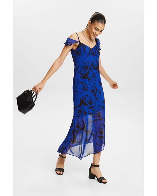 Esprit Off-the-shoulder Chiffon Midi-jurk Met Print in het Blue