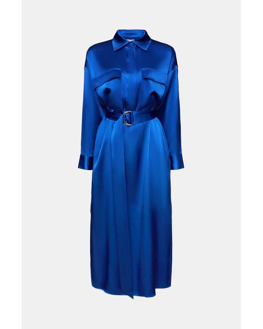 Esprit Zijde-satijnen Midi-jurk Met Ceintuur in het Blue