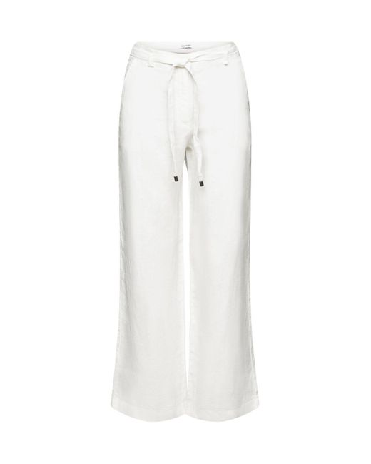 Pantalon ceinturé à jambes larges en lin Esprit en coloris White