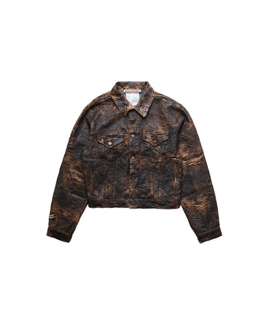Acne Brown Distressed Denim Jacket With Monogram Coating for men