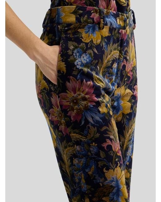 Etro Black Cotton Velvet Trousers With Floral Overprint