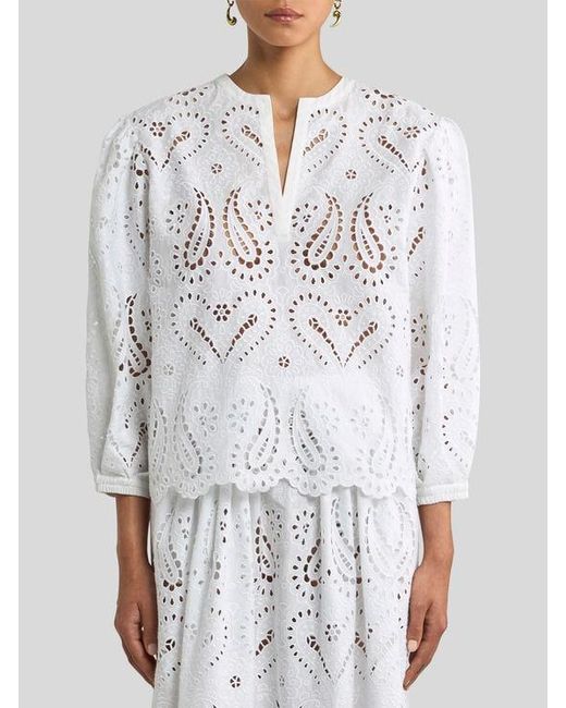 Etro White Broderie Anglaise Lace Blouse With Paisleys And Hearts