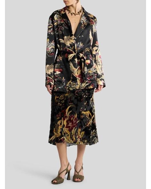Etro Black Silk-Blend Burnout Velvet Midi Skirt With Flower And Animal Motif