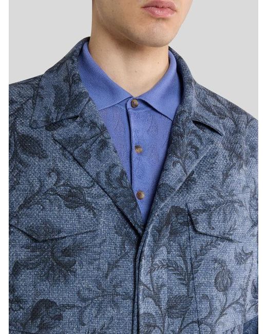 Etro Blue Cotton-Blend Jacket With Floral Motif for men