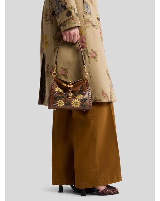 Etro Natural Small Leather Vela Bag With Threading And Floral Motif